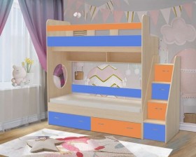 Кровать двухъярусная Юниор-1  с бортиком Дуб молочный/Голубой/Оранжевый в Алдане - aldan.katalogmebeli.com | фото