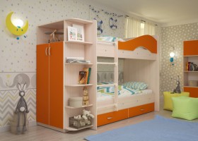 Кровать Мая двухъярусная с ящиками и шкафом Млечный дуб/Оранжевый в Алдане - aldan.katalogmebeli.com | фото