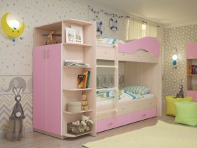 Кровать Мая двухъярусная с ящиками и шкафом Млечный дуб/Розовый в Алдане - aldan.katalogmebeli.com | фото