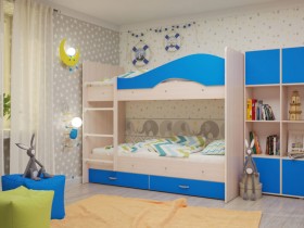 Кровать Мая двухъярусная с ящикамиМлечный дуб/Голубой в Алдане - aldan.katalogmebeli.com | фото 1