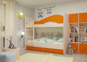 Кровать Мая двухъярусная с ящикамиМлечный дуб/Оранжевый в Алдане - aldan.katalogmebeli.com | фото 1