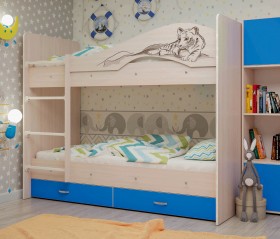 Кровать Мая-Сафари двухъярусная с ящикамиМлечный дуб/Голубой в Алдане - aldan.katalogmebeli.com | фото