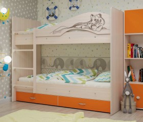 Кровать Мая-Сафари двухъярусная с ящикамиМлечный дуб/Оранжевый в Алдане - aldan.katalogmebeli.com | фото