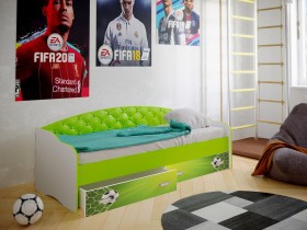 Кровать Софа-8 с мягкой спинкой фотопечать Футбол (900х1900) Белый/Лайм в Алдане - aldan.katalogmebeli.com | фото 1
