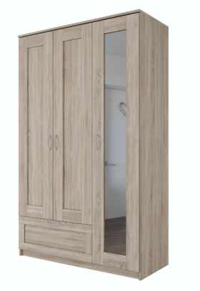 Шкаф трехдверный Сириус с зеркалом и 1 ящиком дуб сонома в Алдане - aldan.katalogmebeli.com | фото